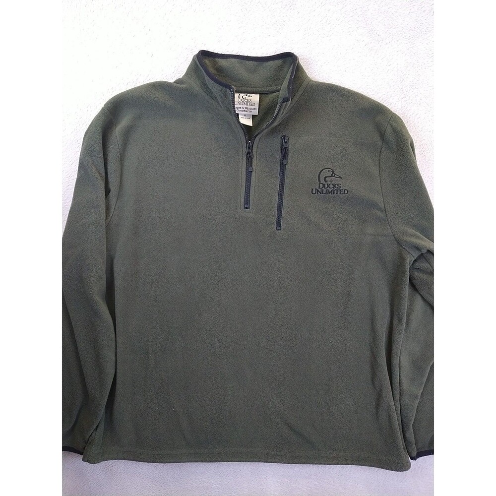 Ducks Unlimited 1/4 Zip Pullover Fleece Sweater Men's XL Olive Green Pocket Logo